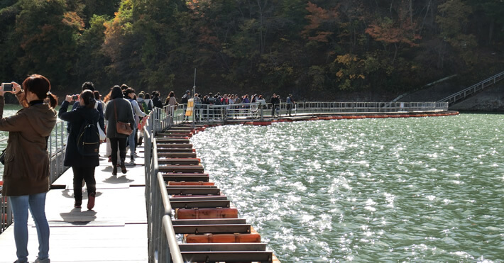 奥多摩湖の浮橋（ドラム缶橋）で写真撮影する参加者